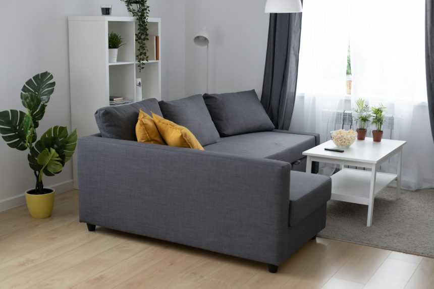 Modern living room design in scandinavian style with sofa and small table - interior and comfortable