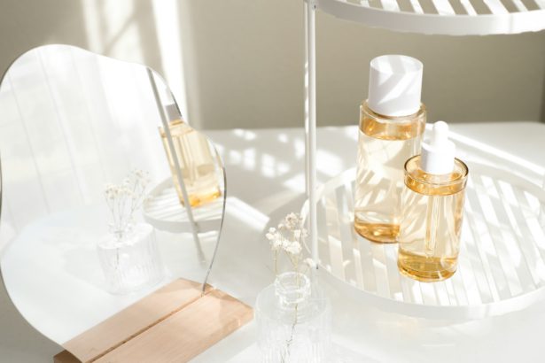 Skincare and cosmetic product with mirror and flower.